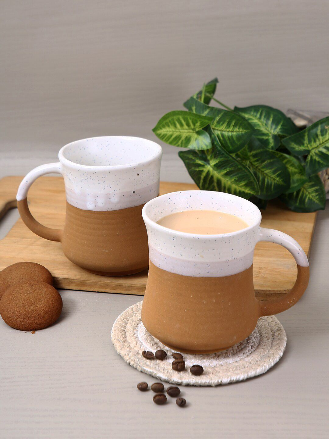 Aapno Rajasthan Set Of 2 Brown & White Ceramic Glossy Dalgona Coffee Mugs Price in India