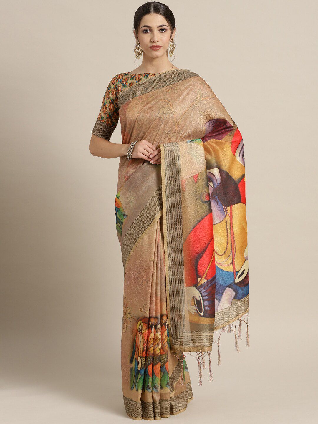 Saree mall Beige & Blue Ethnic Motifs Art Silk Sarees Price in India