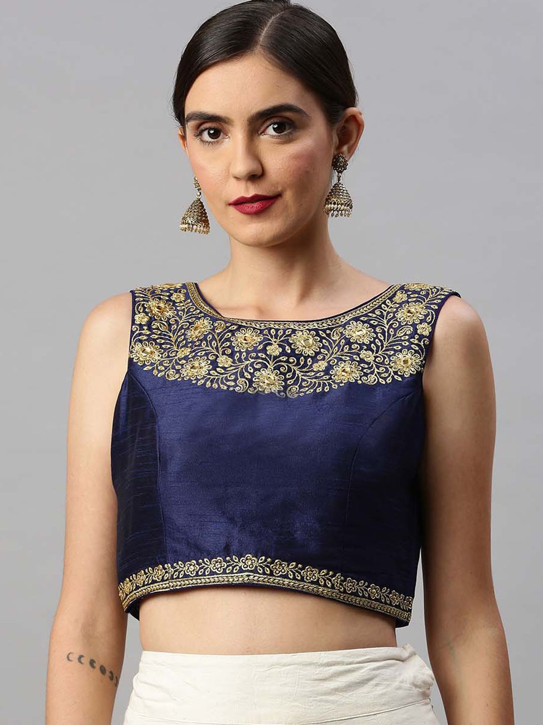 Soch Women Navy Blue & Gold-Coloured Embroidered Art Silk Saree Blouse Price in India