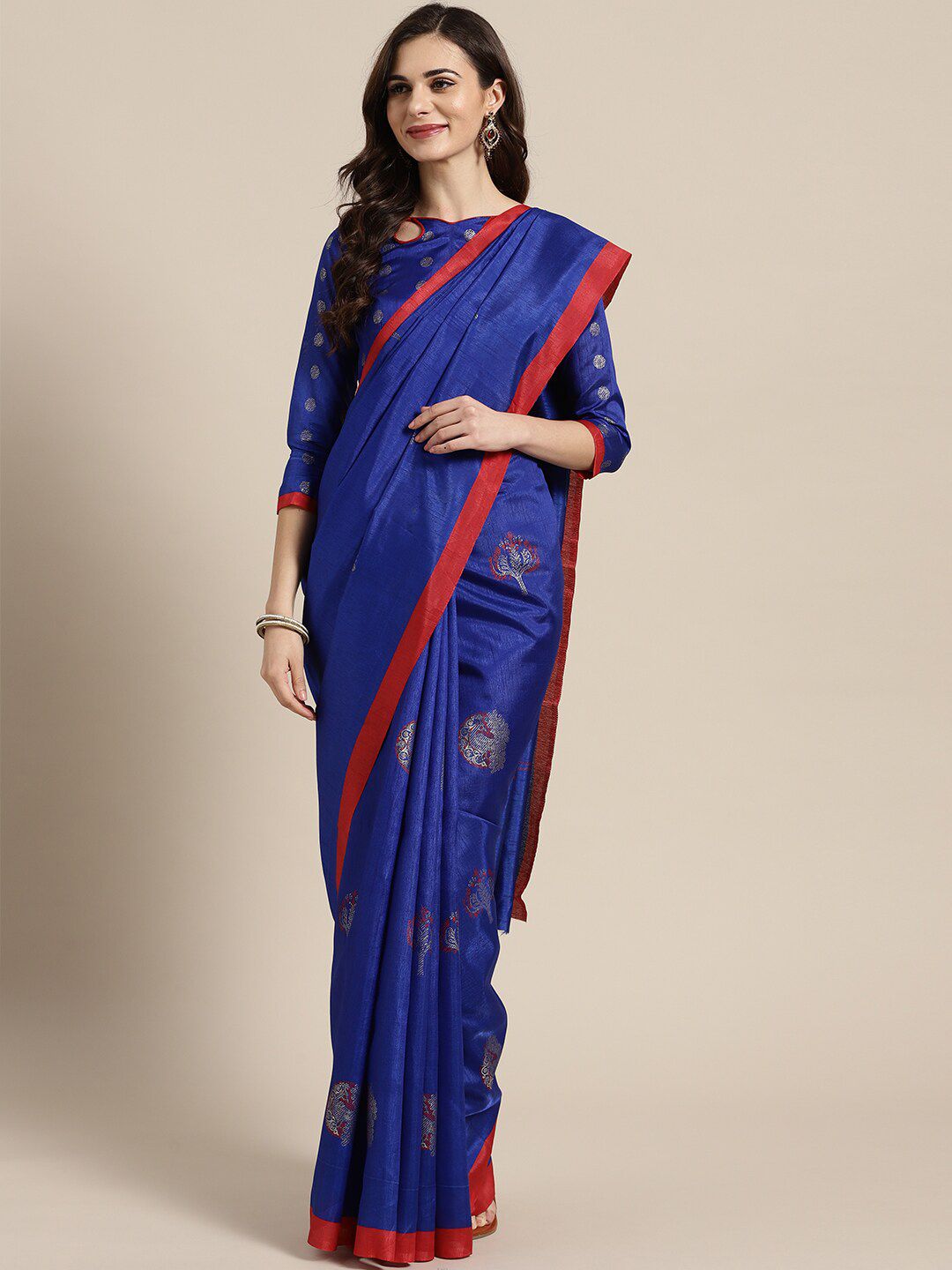 Saree mall Blue & Red Ethnic Motifs Art Silk Sarees Price in India