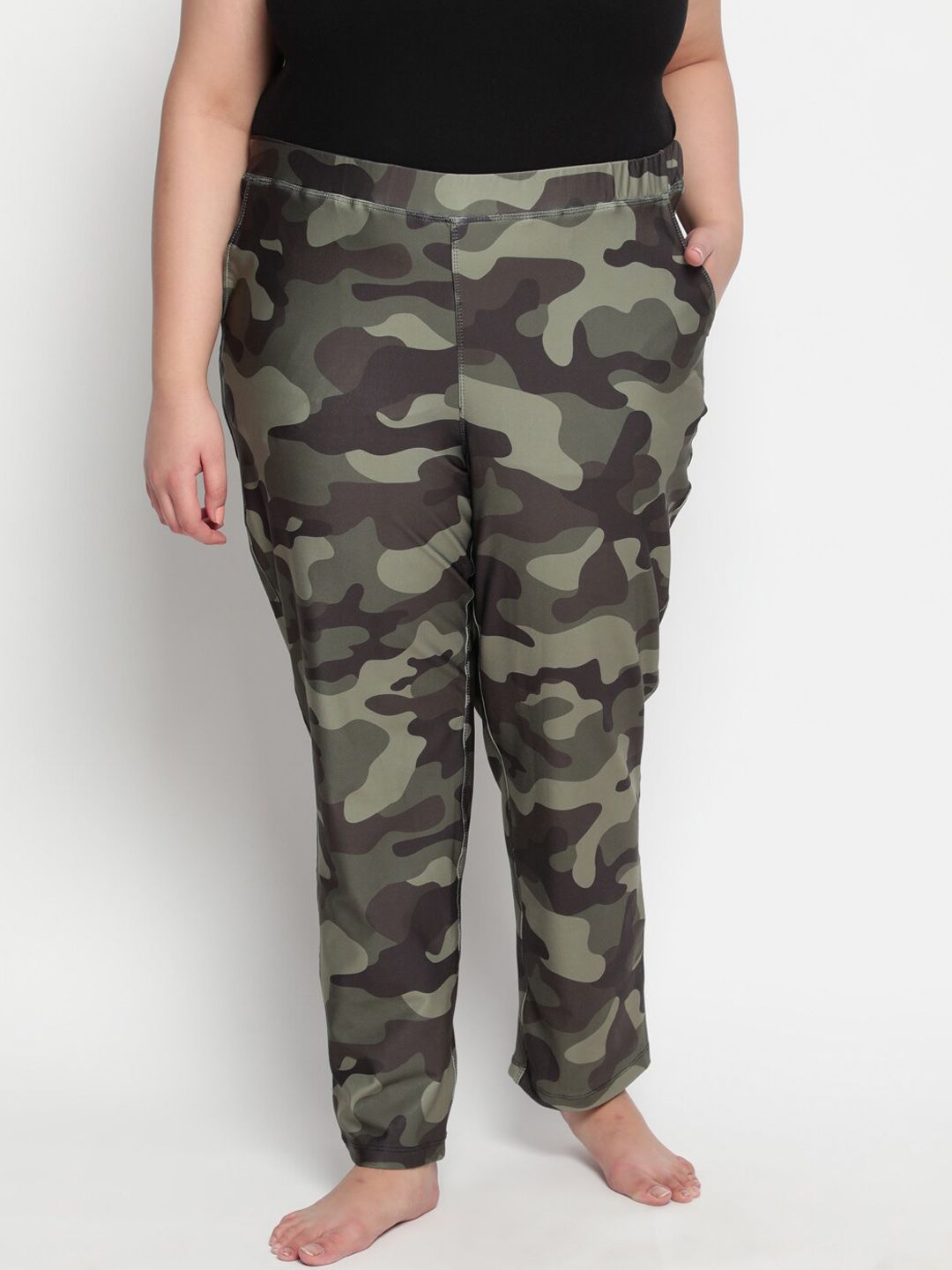 Amydus Women Olive-Green Camouflage Printed Straight-Fit Plus Size Lounge Pants Price in India