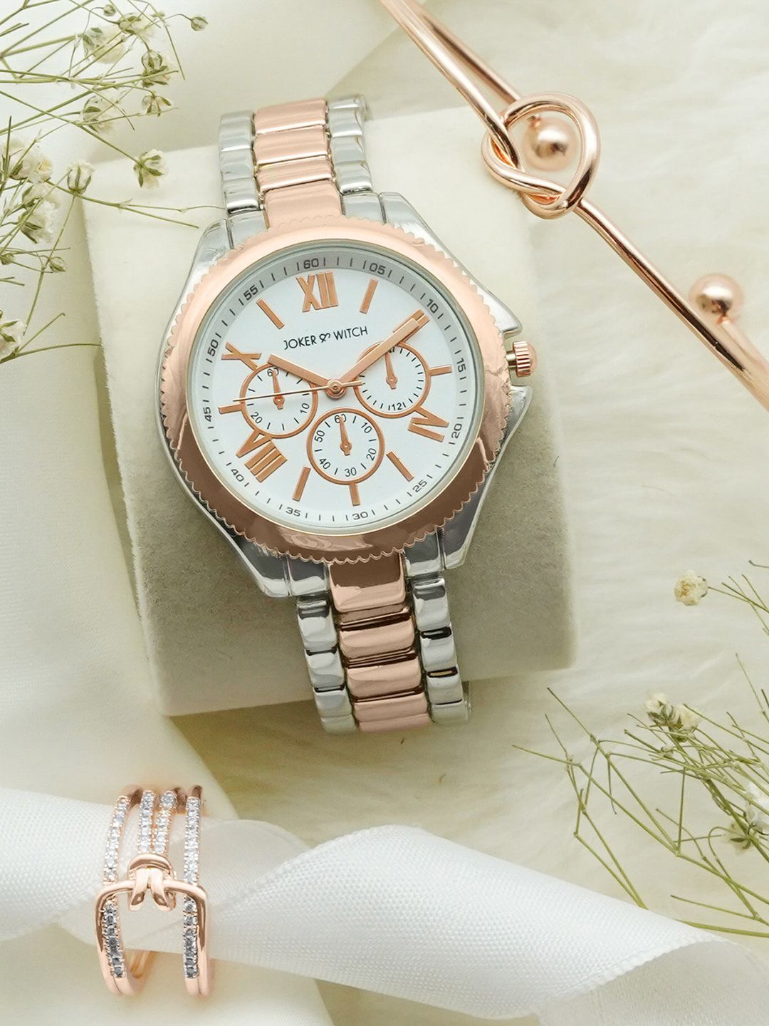 JOKER & WITCH Women White & Rose Gold-Toned Love Triangle Watch Gift Set-JWLT209