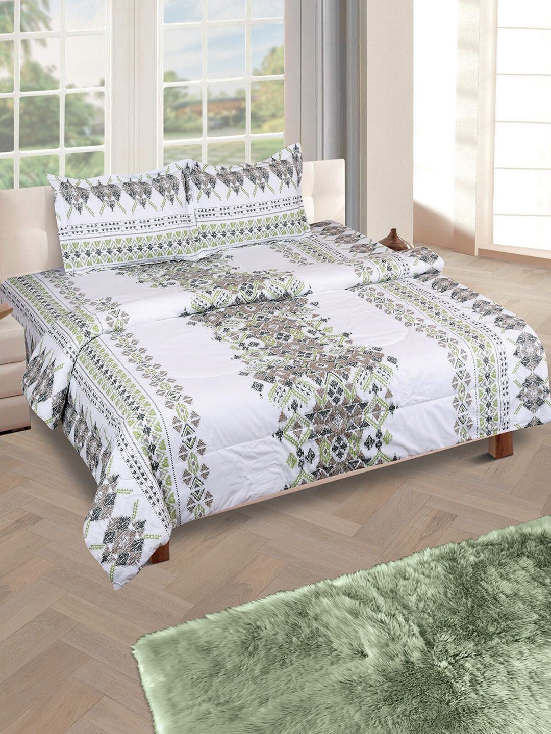 ROMEE Off White & Green Ethnic Motifs Printed Cotton Double King Bedding Set With Quilt Price in India