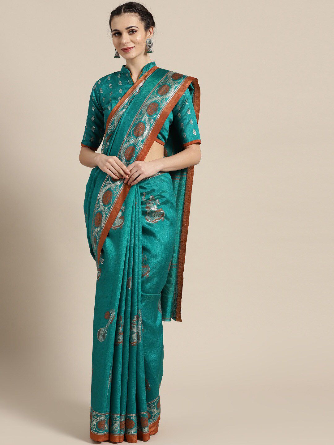 Saree mall Sea Green & Red Ethnic Motifs Art Silk Sarees Price in India