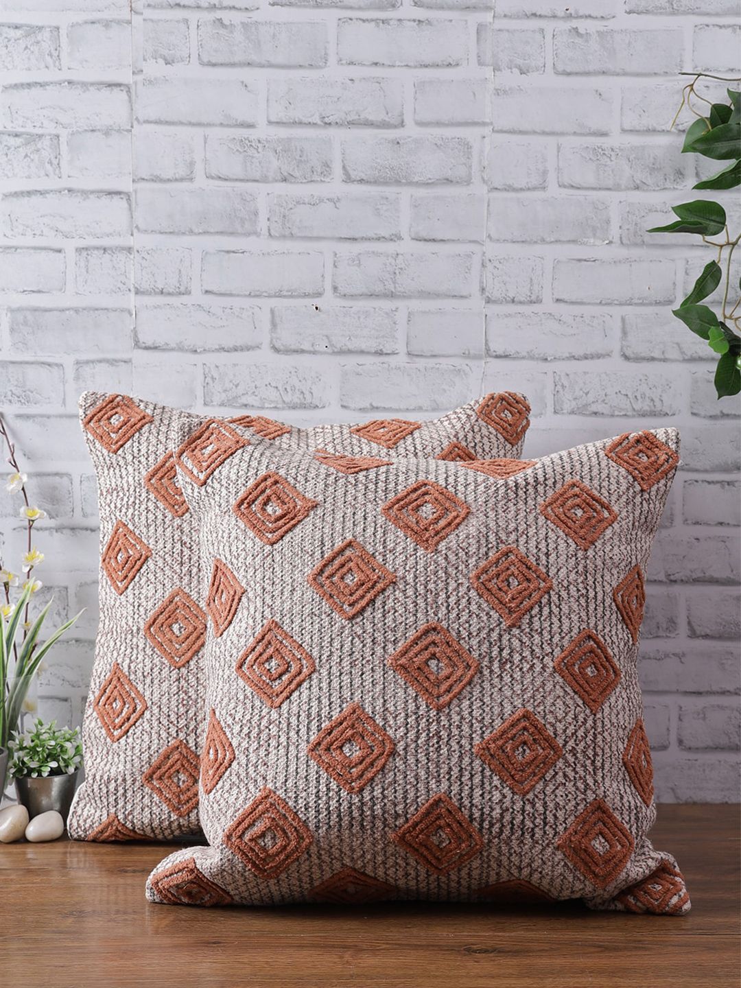 eyda Set Of 2 Off-White & Brown Embroidered Square Cushion Covers Price in India