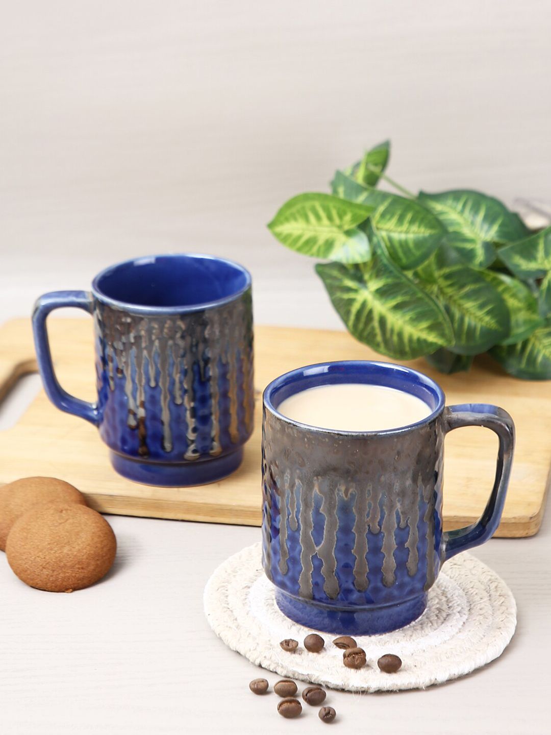 Aapno Rajasthan Set Of 2 Navy Blue Textured Ceramic Glossy Mugs Price in India