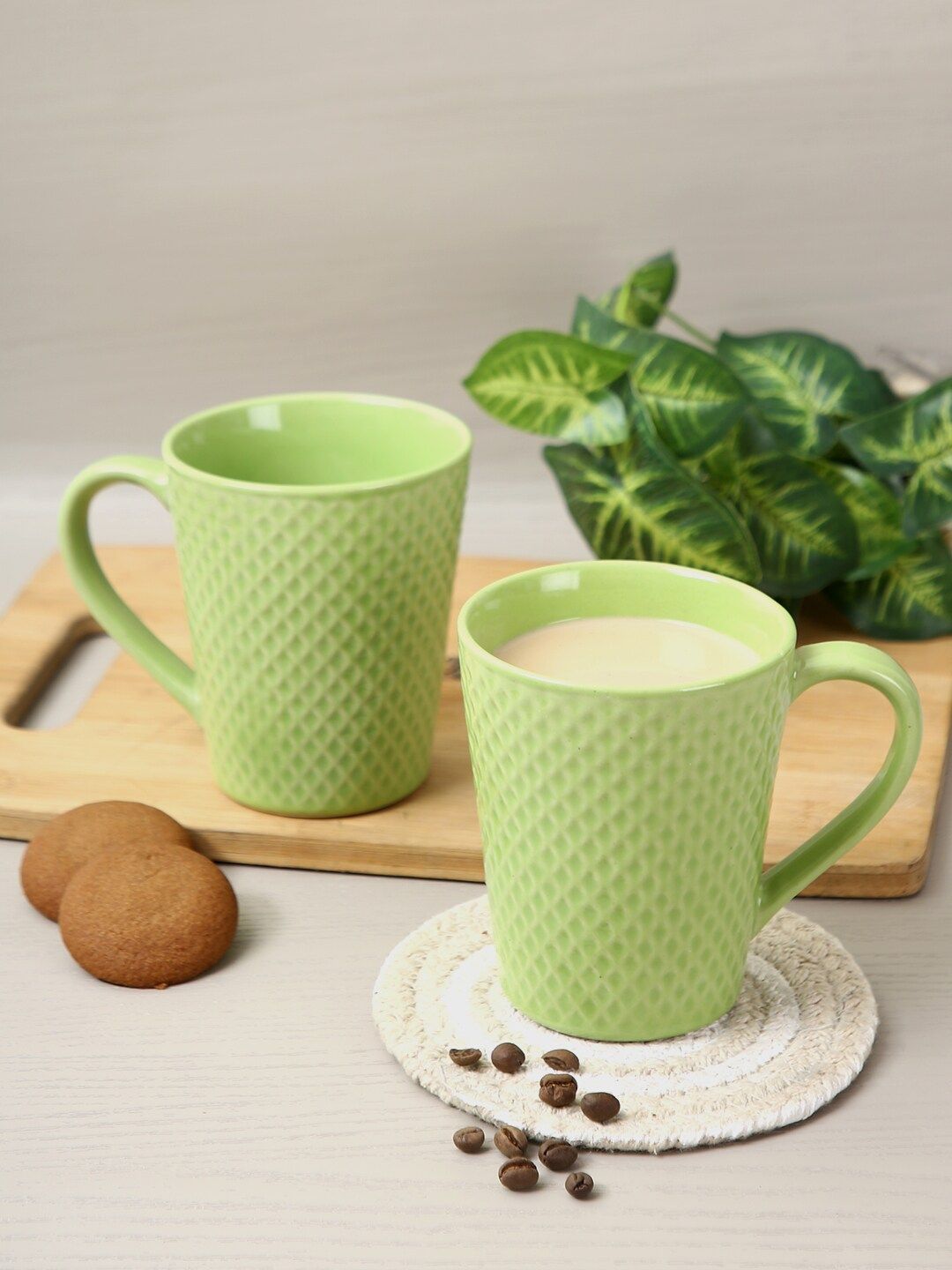 Aapno Rajasthan Set Of 2 Green Textured Ceramic Glossy Coffee Mugs Price in India