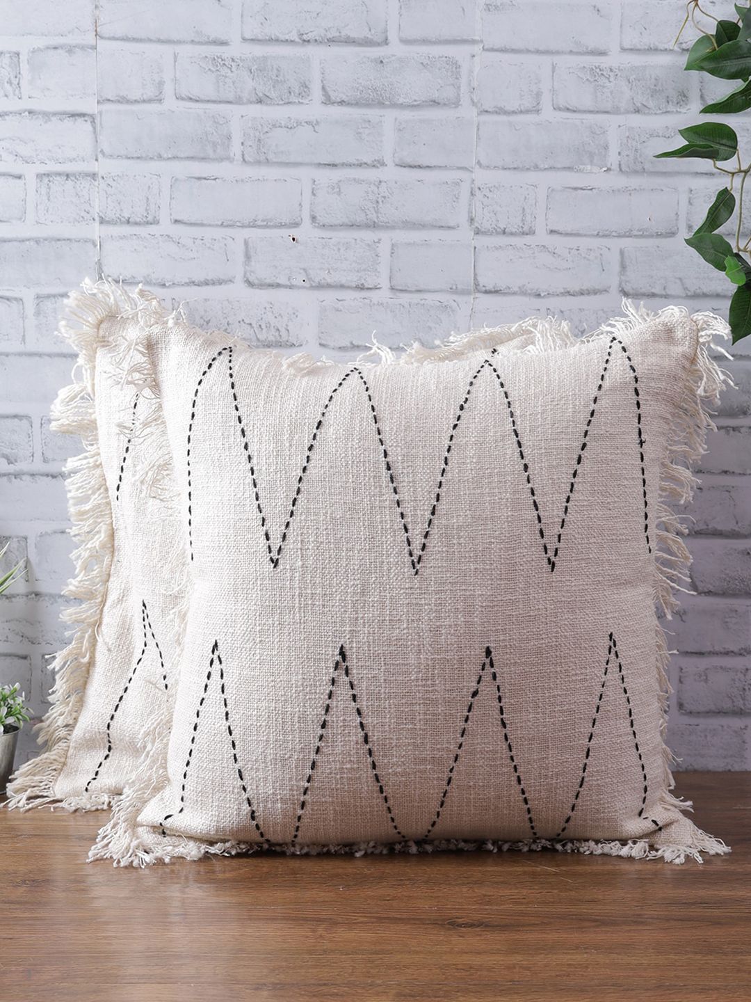 eyda Off White & Black Set of 2 Embroidered Square Cushion Covers Price in India