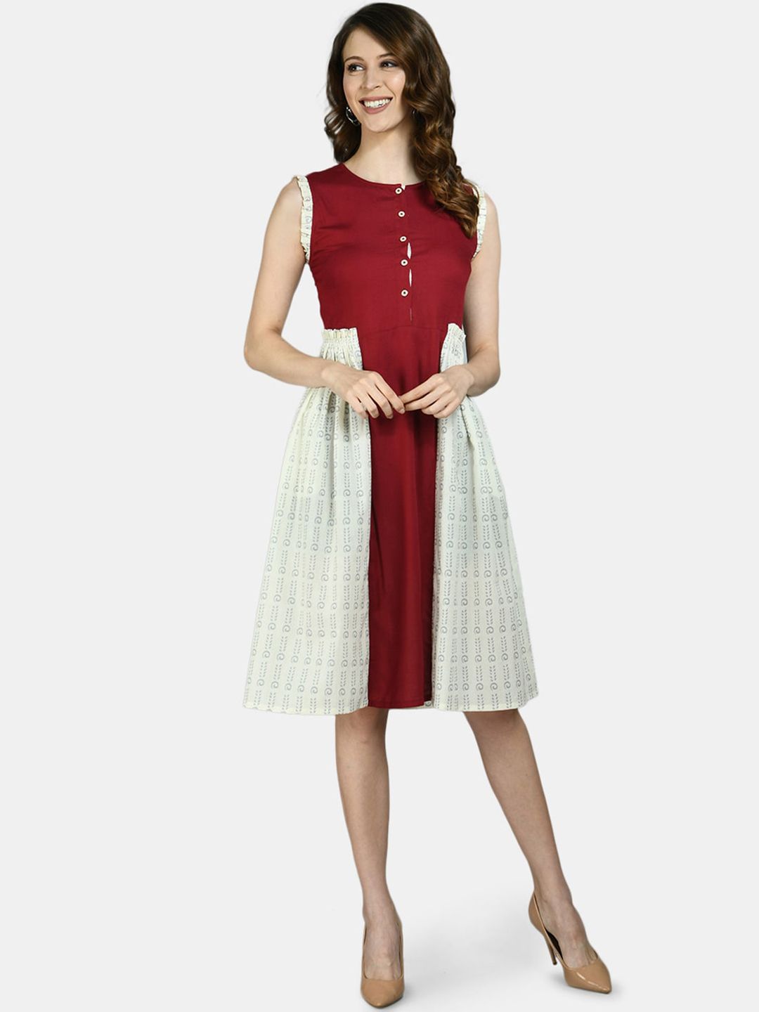 Myshka Maroon & Cream-Coloured Printed Pure Cotton Fit & Flare Dress Price in India
