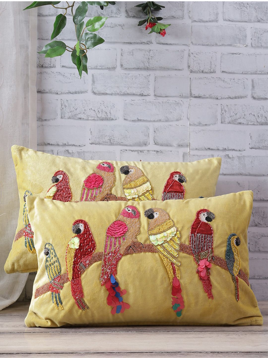 eyda Yellow & Red Set of 2 Embellished Velvet Rectangle Cushion Covers Price in India