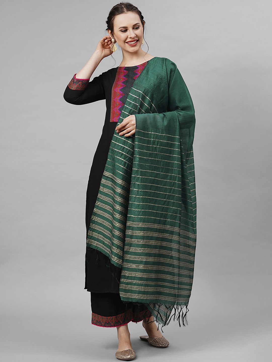 Indo Era Women Black Yoke Design Kurta with Palazzos & Dupatta Price in India