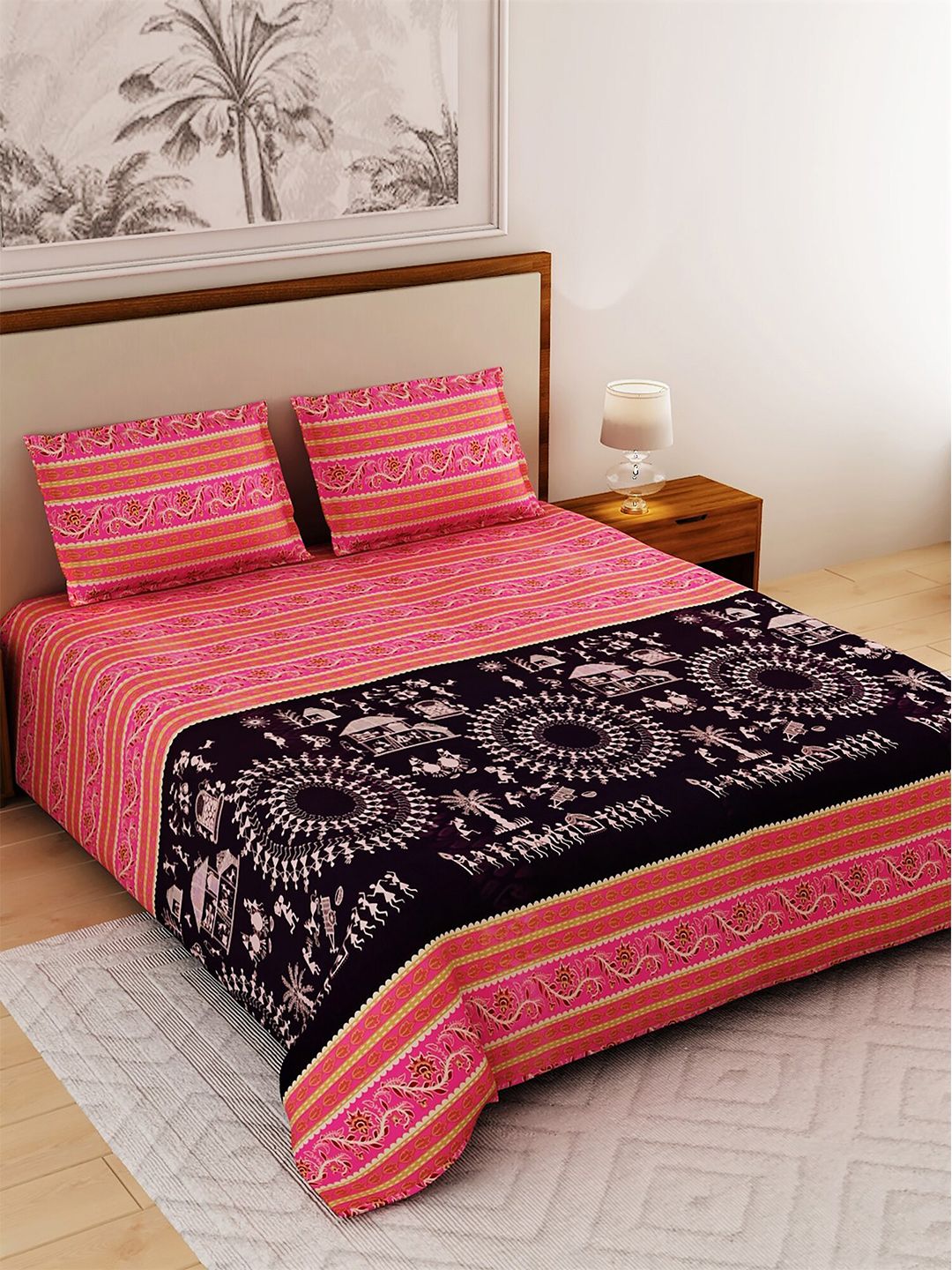 Salona Bichona Pink & Black Ethnic Motifs 120 TC King Bedsheet with 2 Pillow Covers Price in India