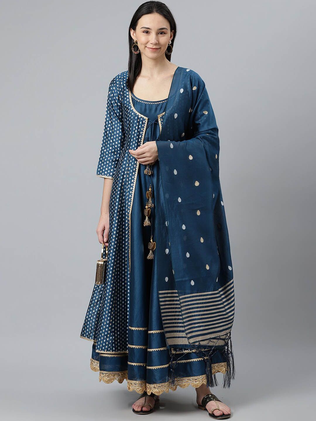 Libas Women Blue Layered Chanderi Silk Kurta with Palazzos & With Dupatta