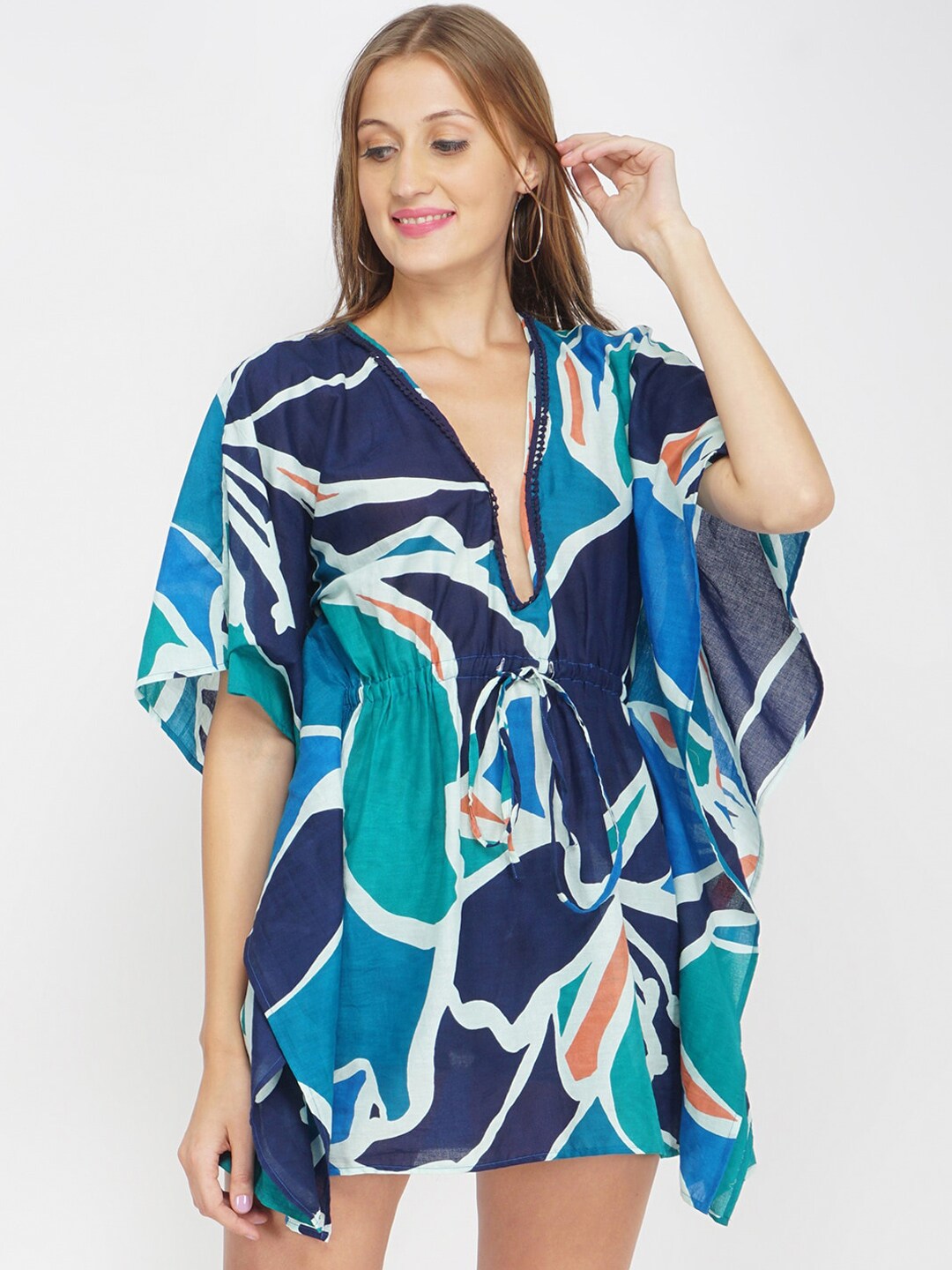 Oxolloxo Women Blue & White Printed Cotton Kaftan Cover-Up Dress Price in India