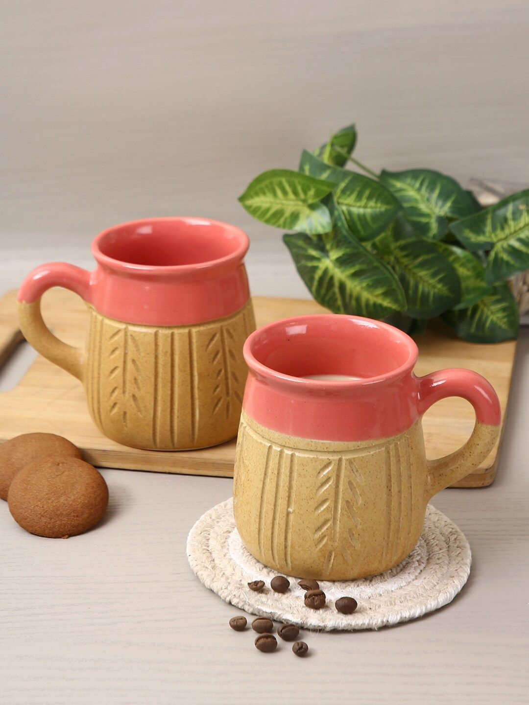 Aapno Rajasthan Set Of 4 Pink & Beige Solid Ceramic Glossy Mugs Price in India