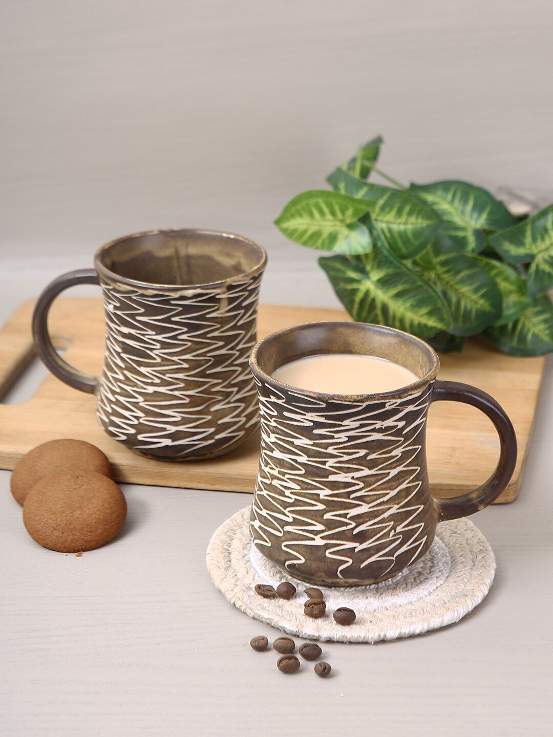 Aapno Rajasthan Set Of 2 Brown Textured Ceramic Glossy Coffee Mugs Price in India