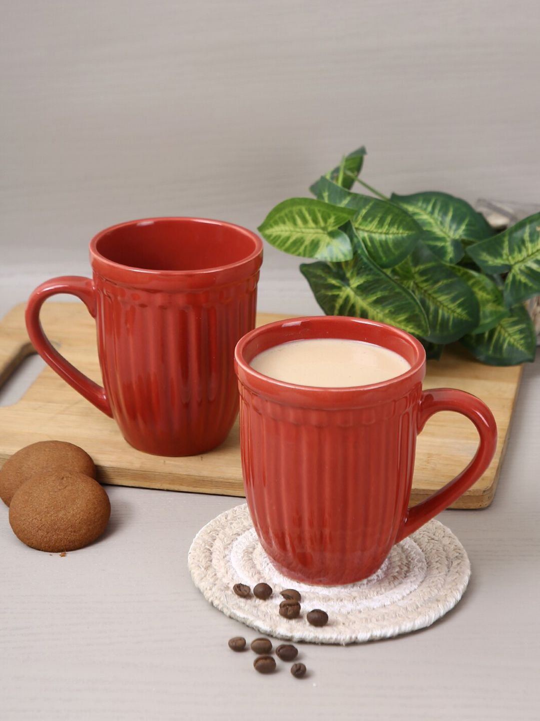 Aapno Rajasthan Set Of 4 Red Solid Ceramic Glossy Coffee Mugs Price in India