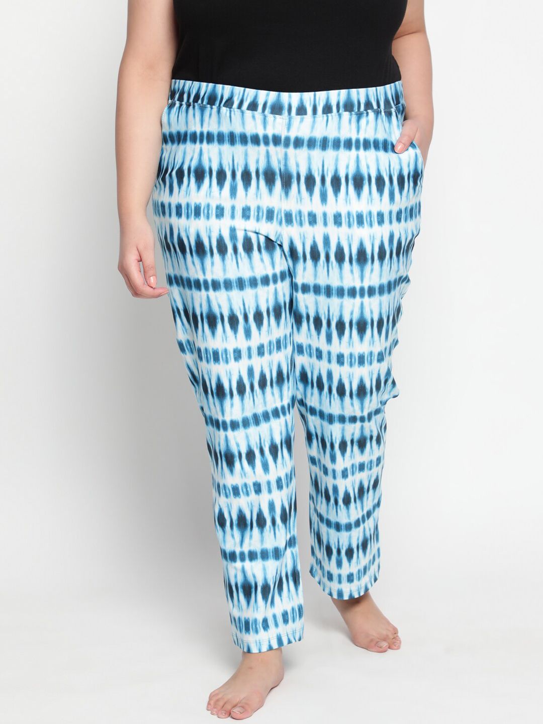 Amydus Women Plus Size Blue & White Tie & Dye Printed Straight-Fit Lounge Pants Price in India