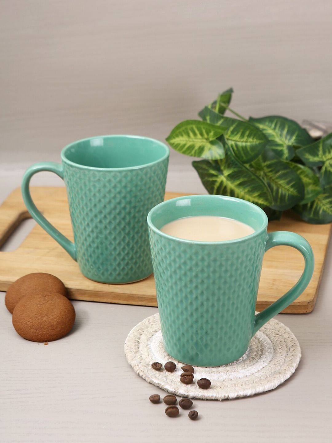 Aapno Rajasthan Set Of 2 Sea Green Textured Ceramic Glossy Mugs Price in India