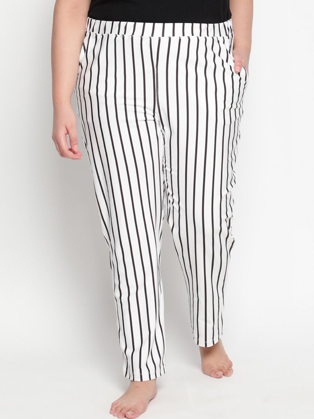 Amydus Women Plus Size Black & White Striped Lounge Pants Price in India