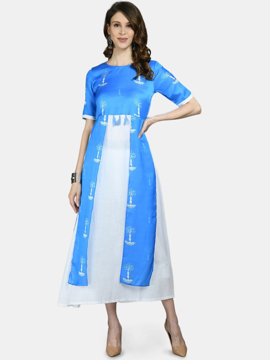 Myshka Women Blue & White Floral Layered A-Line Midi Dress Price in India