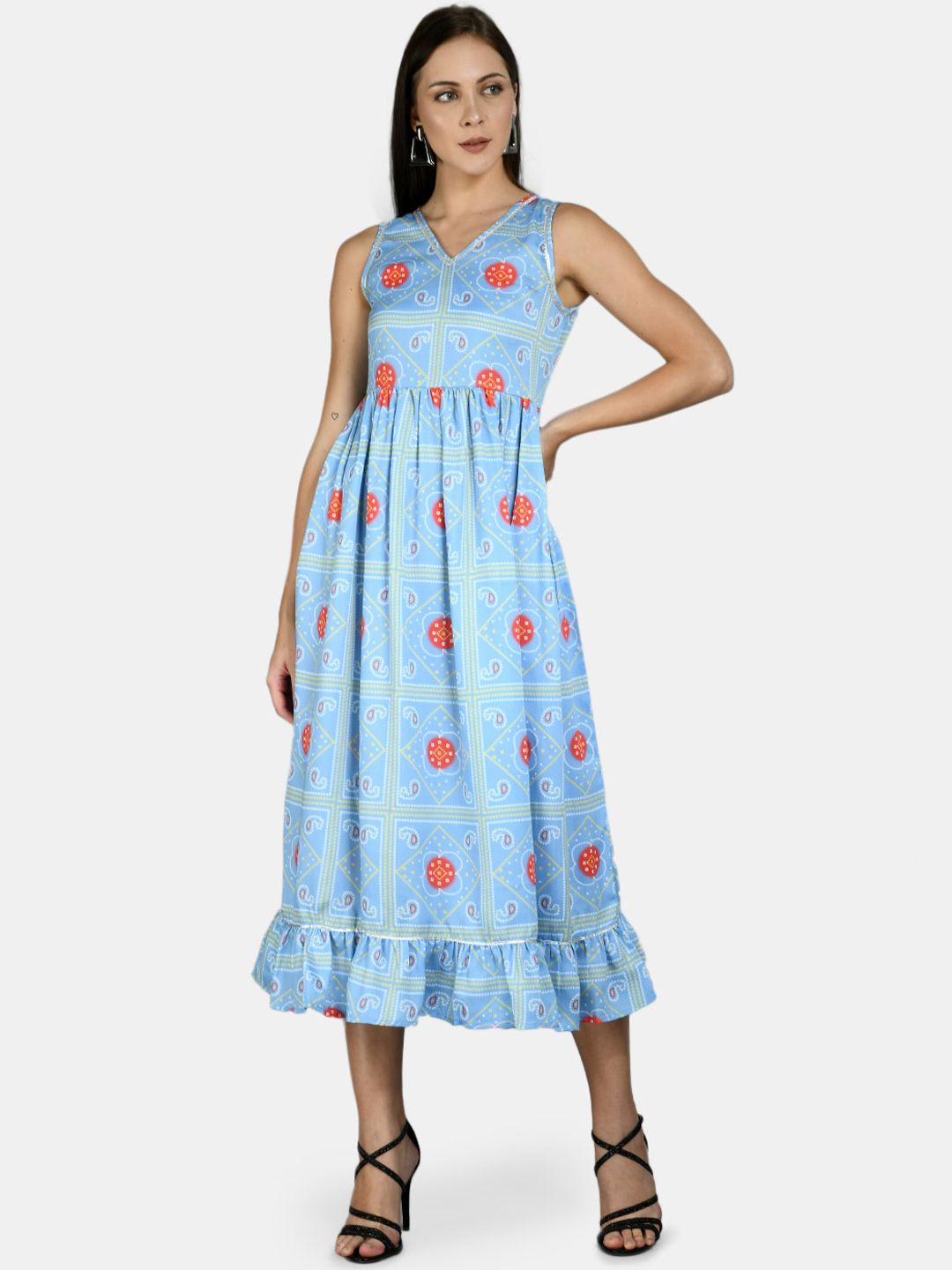 Myshka Blue & Red Ethnic Motifs Midi Dress Price in India