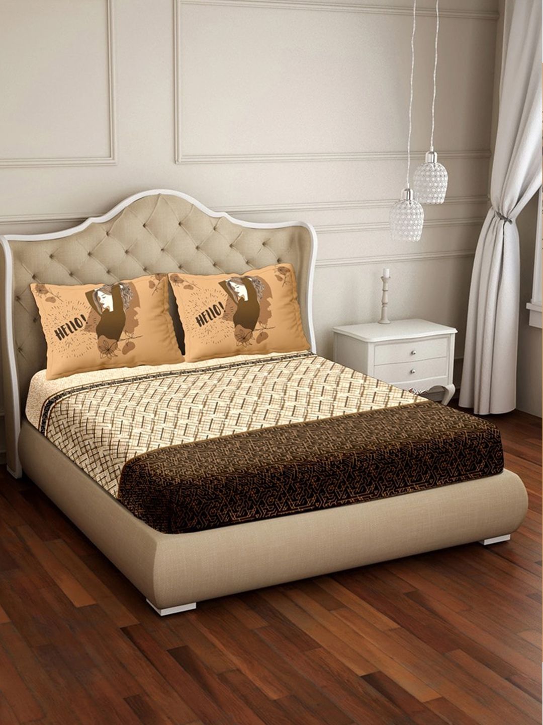 BELLA CASA Brown & Beige Geometric 250 TC Cotton King Bedsheet with 2 Pillow Covers Price in India