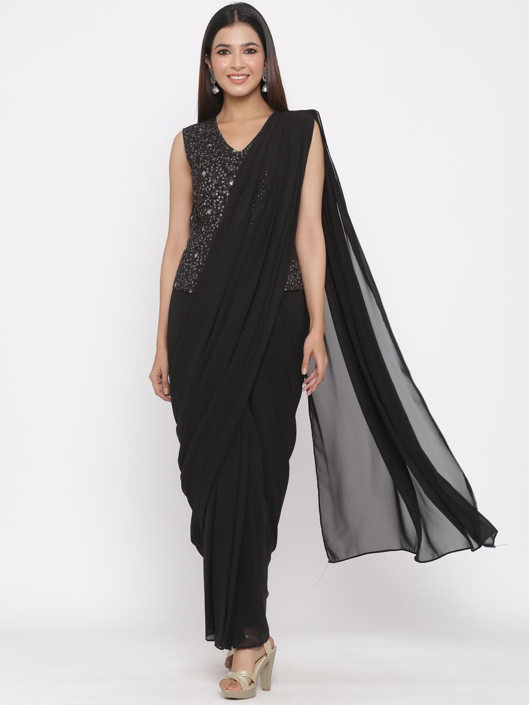 Juniper Black Georgette Saree Style Maxi Dress Price in India