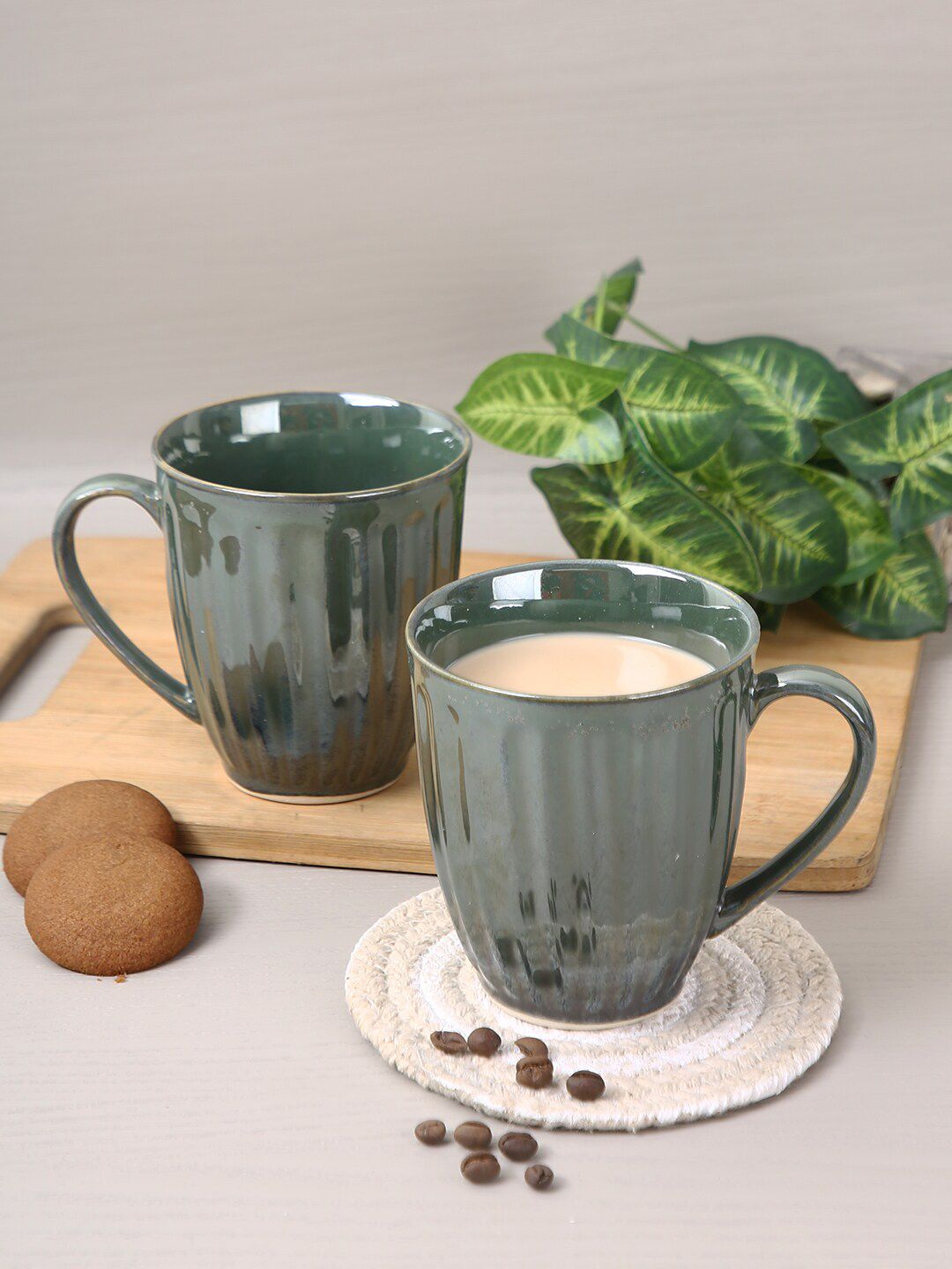 Aapno Rajasthan Set Of 2 Green Textured Ceramic Glossy Mugs Price in India