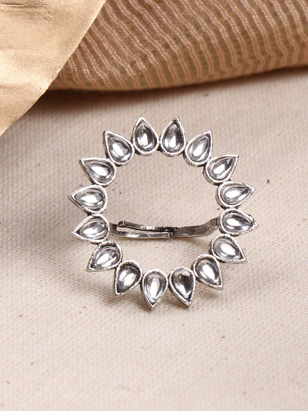 TEEJH Women Oxidised Silver-Toned Sunflower Adjustable Finger Ring Price in India