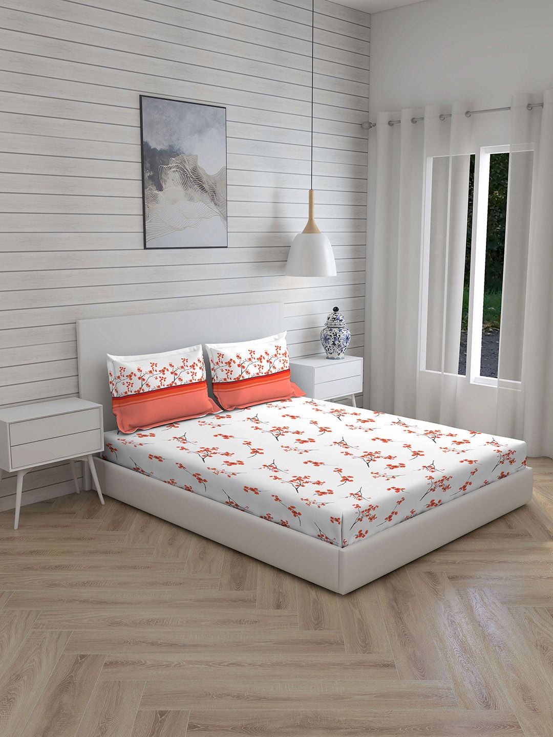 Layers White & Orange Floral 144 TC Cotton Queen Bedsheet with 2 Pillow Covers Price in India
