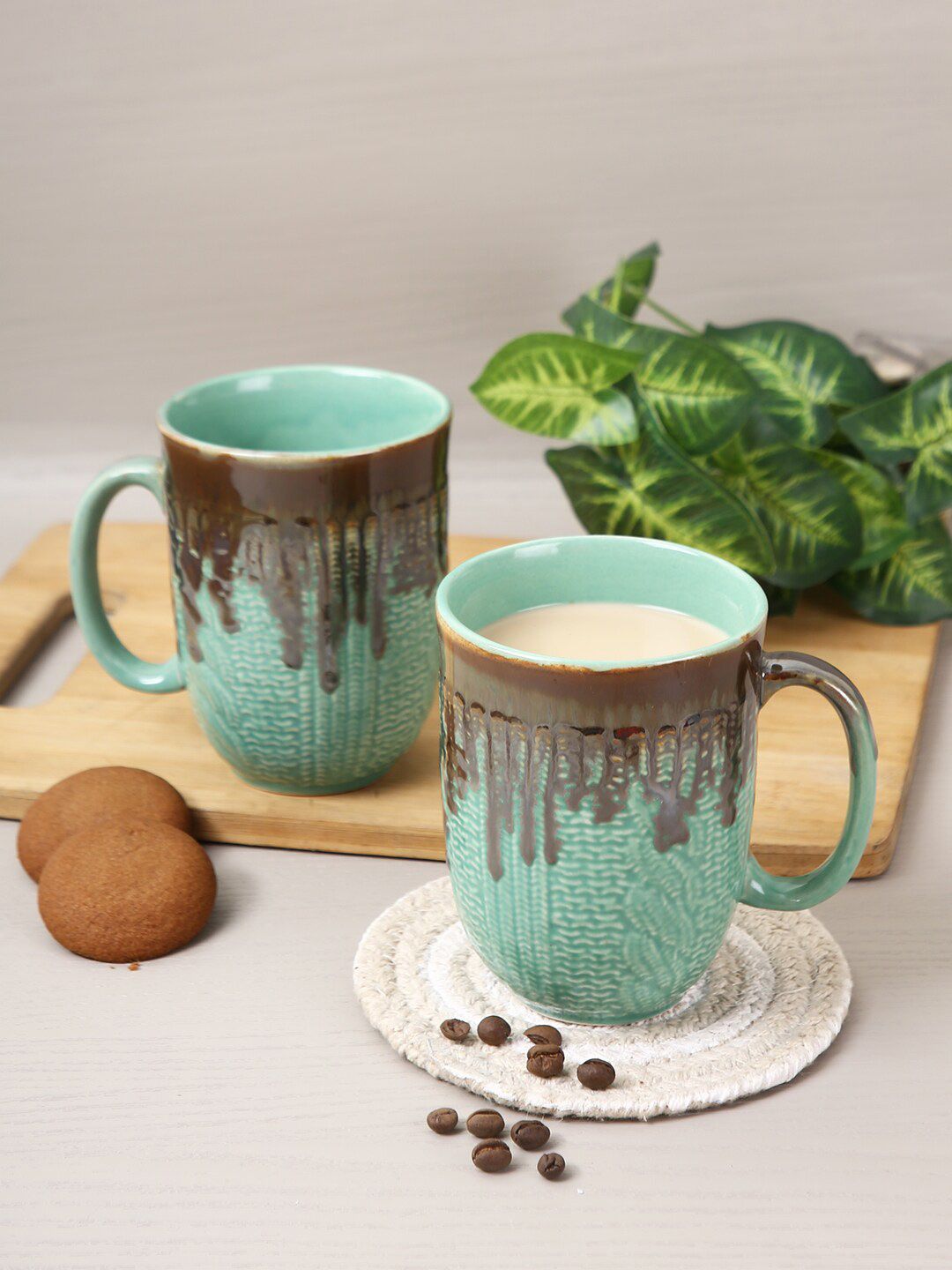 Aapno Rajasthan Set Of 4 Sea Green Textured Ceramic Glossy Mugs Price in India