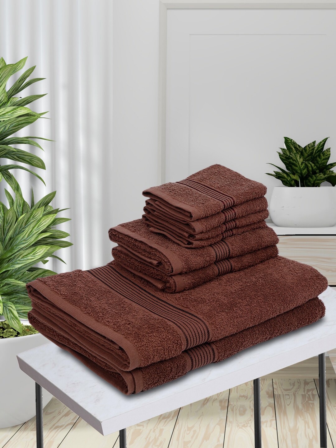 BIANCA Set Of 8 Brown Solid 380 GSM Pure Combed Cotton Terry Towels Price in India