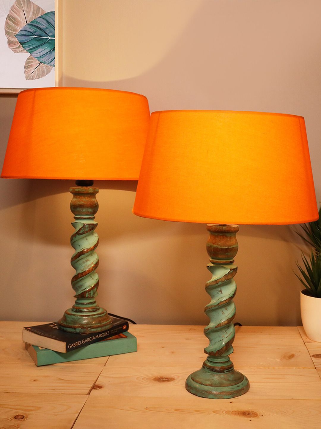 Homesake Orange & Green Contemporary Handcrafted Bedside Standard Table Lamp with Shade Price in India