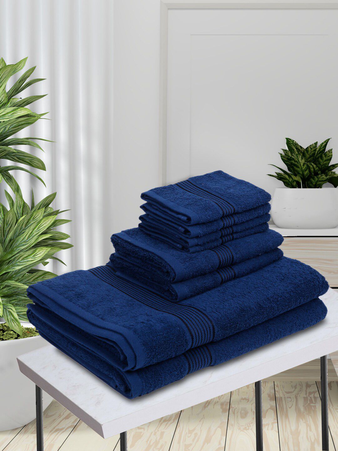 BIANCA Set Of 8 Navy Blue Solid Pure Cotton 380 GSM Super-Soft Terry Towel Set Price in India