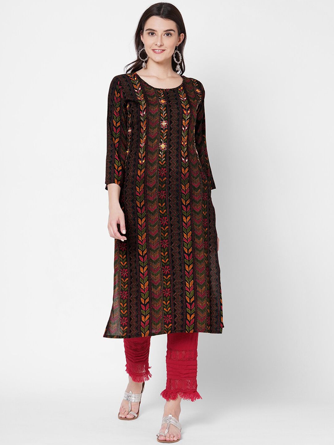 FASHOR Women Black & Red Floral Embroidered Mirror Work Straight Kurta Price in India