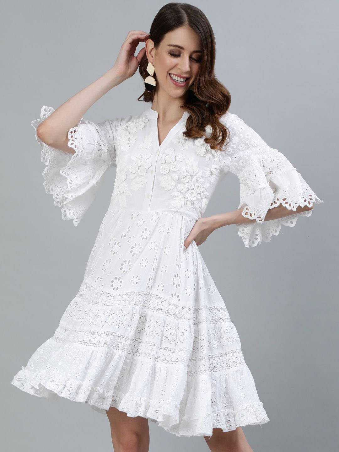 Ishin Women White Schiffli Embroidered Fit & Flare Dress Price in India