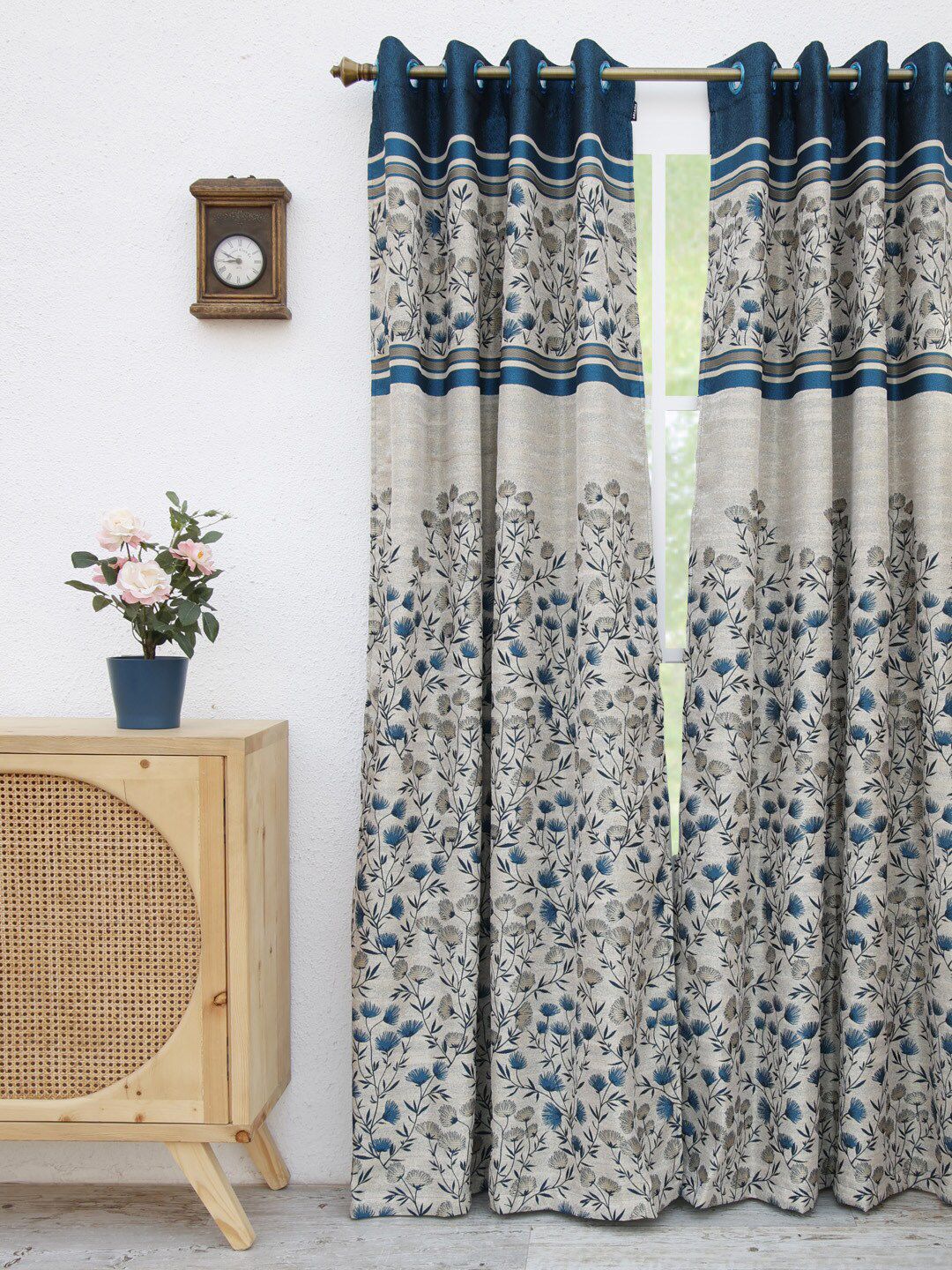 Ariana Grey & Blue Floral Room Darkening Door Curtain Price in India