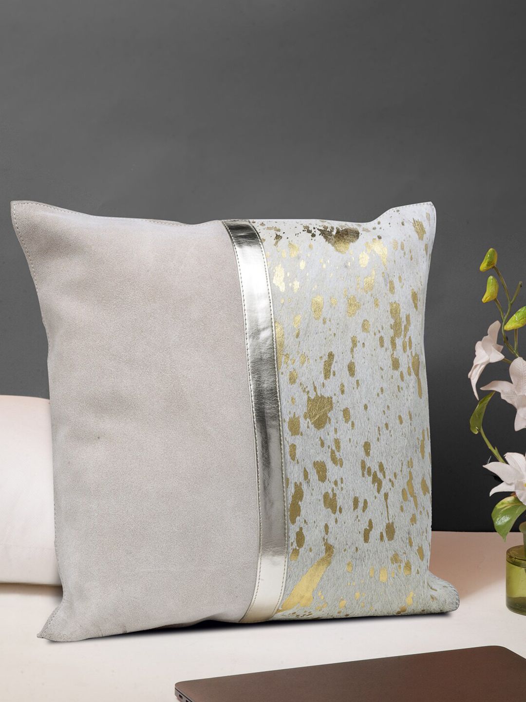 IMUR White & Gold-Toned Leather Square Cushion Covers Price in India