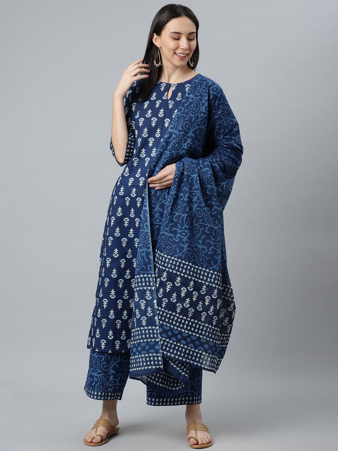 Libas Women Blue Ethnic Motifs Printed Pure Cotton Kurta with Palazzos & Dupatta Price in India