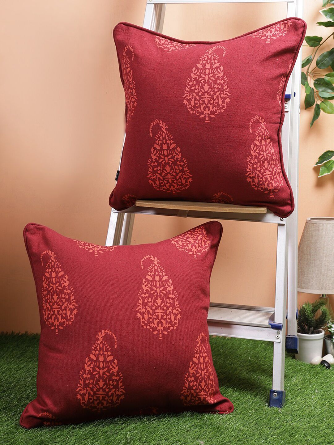 Soumya Maroon & Peach-Coloured Set of 2 Ethnic Motifs Square Cushion Covers Price in India