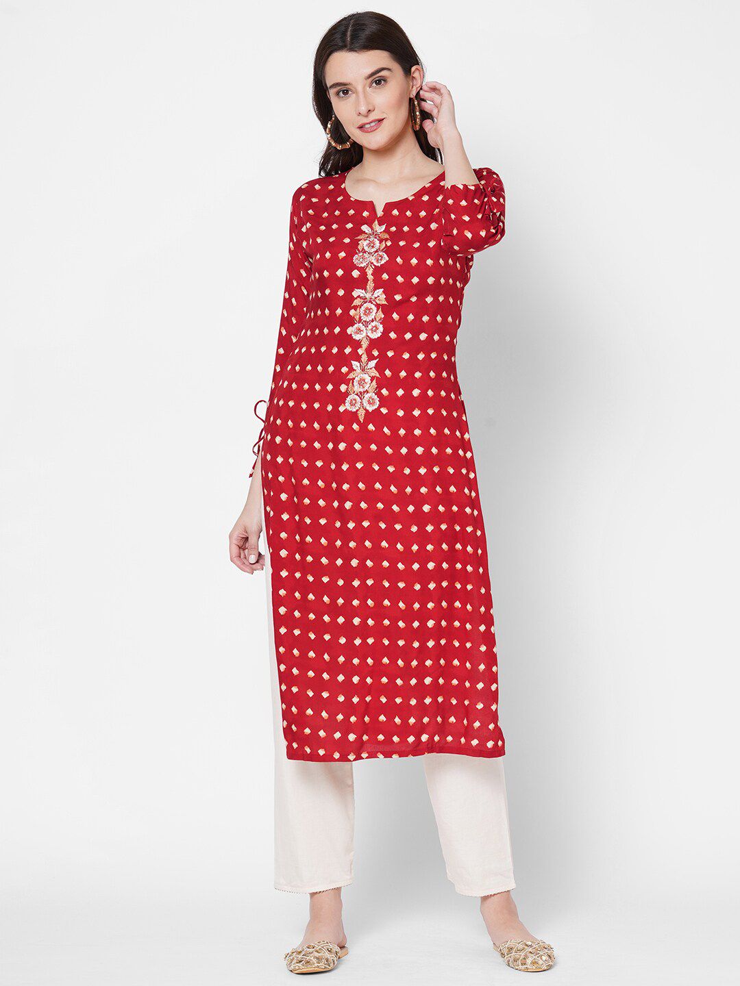 FASHOR Women Red Ethnic Motifs Screen Printed & Floral Embroidered Straight Kurta Price in India