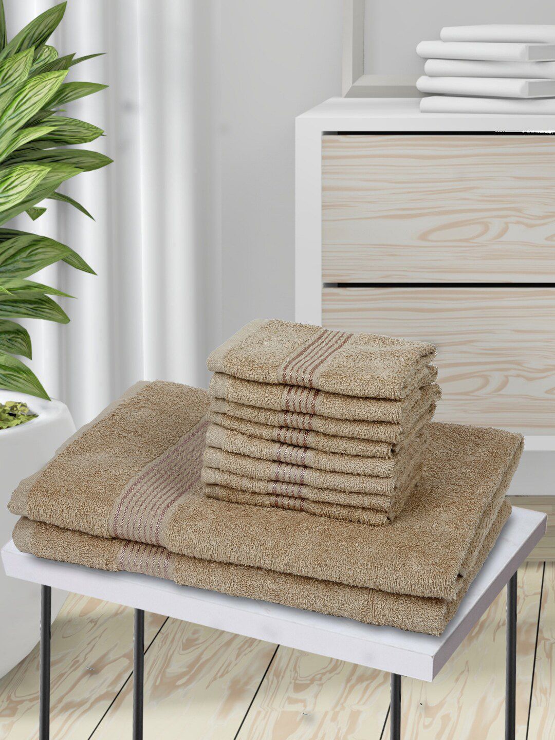 BIANCA Set Of 10 Taupe Solid 380 GSM Pure Cotton Super-Soft Terry Towels Price in India