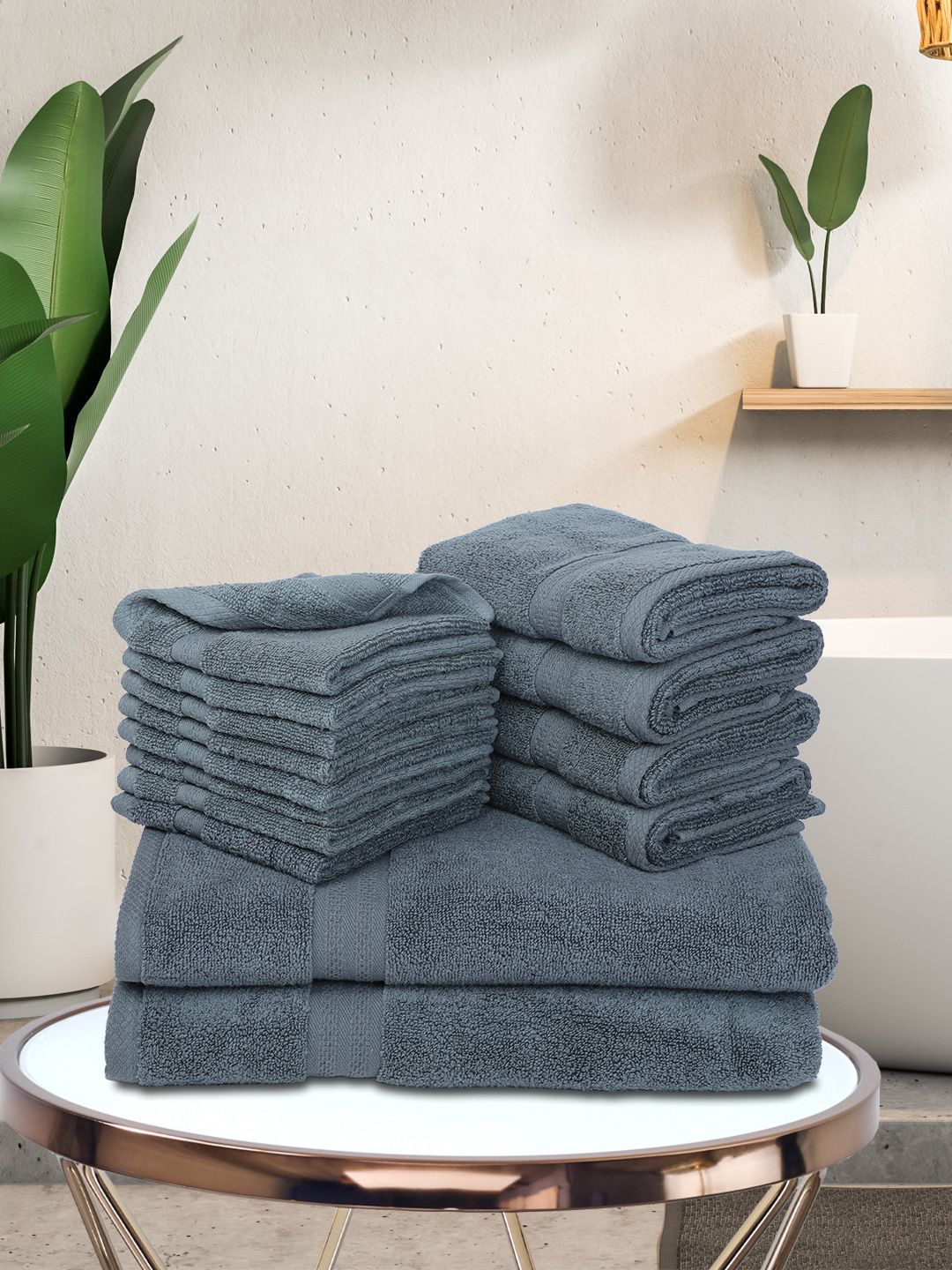 BIANCA Set Of 14 Grey Solid 500 GSM Cotton Towels Set Price in India