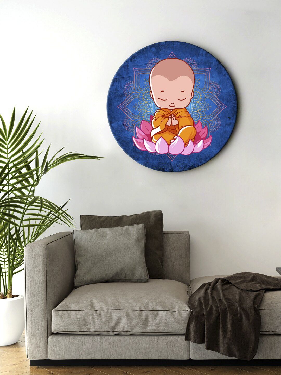 999Store Blue & Orange Digitally Printed Little Buddha Sitting On Lotus Round Wall Art Price in India