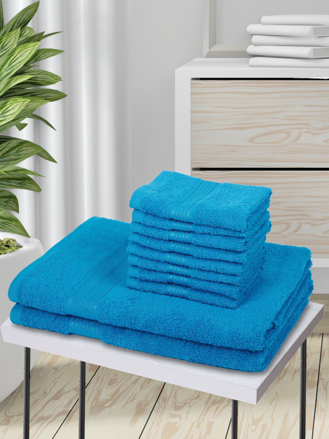 BIANCA Unisex Set Of 10 Turquoise Blue Solid 380 GSM Pure Cotton Towels Set Price in India