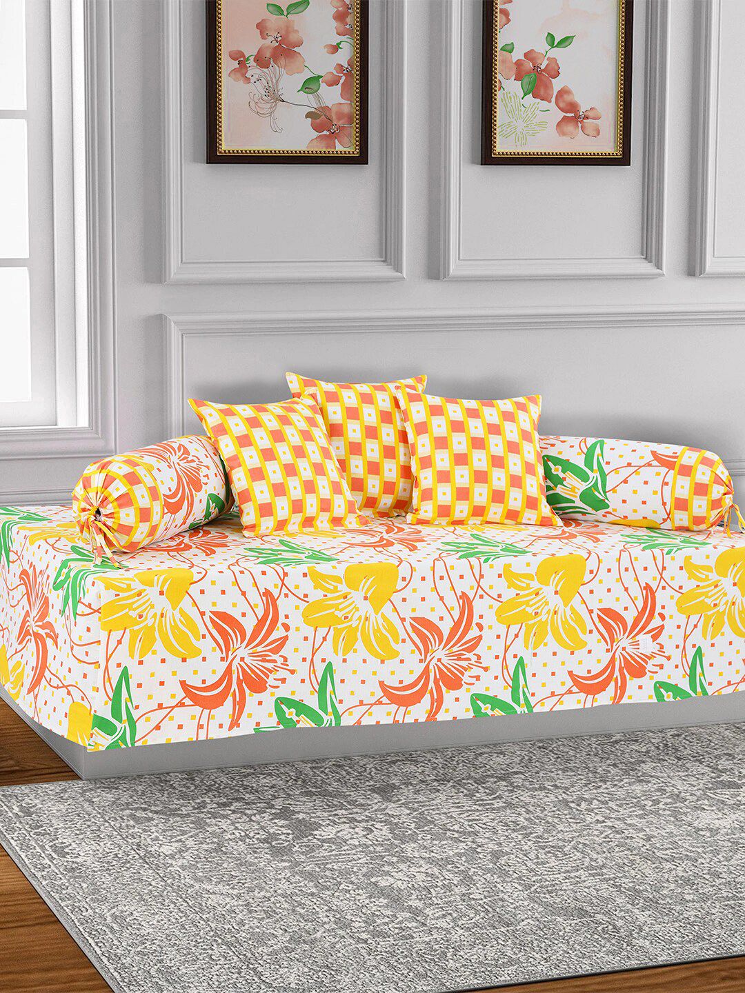 Salona Bichona 6 Pc Cream-Coloured & Yellow Printed Bedsheet With Bolster & Cushion Covers Price in India