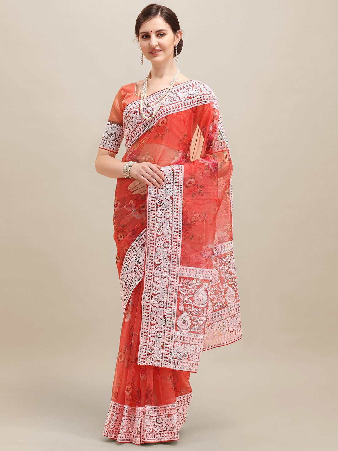 RAJGRANTH Orange & White Floral Aari Work Organza Saree