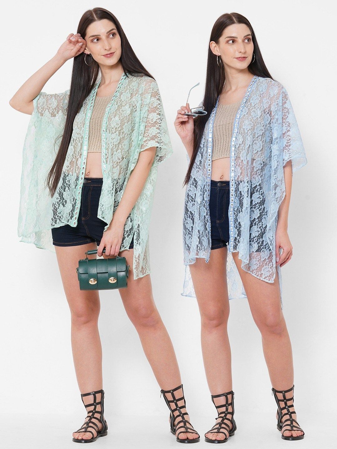 Get Wrapped Women Pack Of 2 Sea Green & Blue Embroidered Sheer Lace Shrugs Price in India