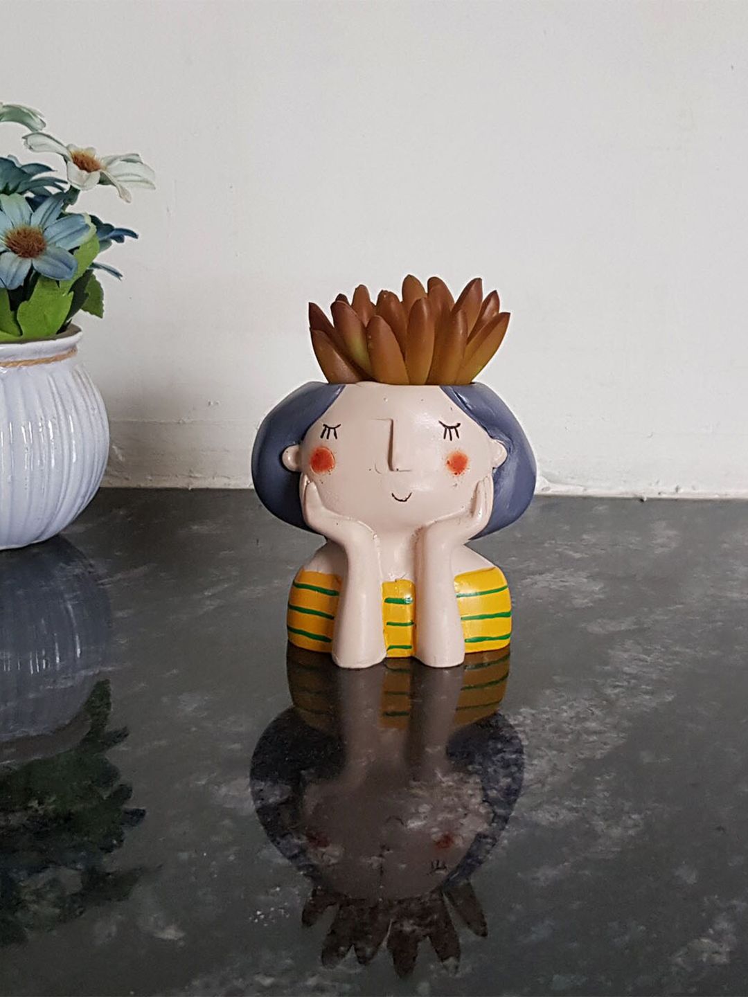 Wonderland Yellow & Beige Girl Thinking Resin Planter Price in India